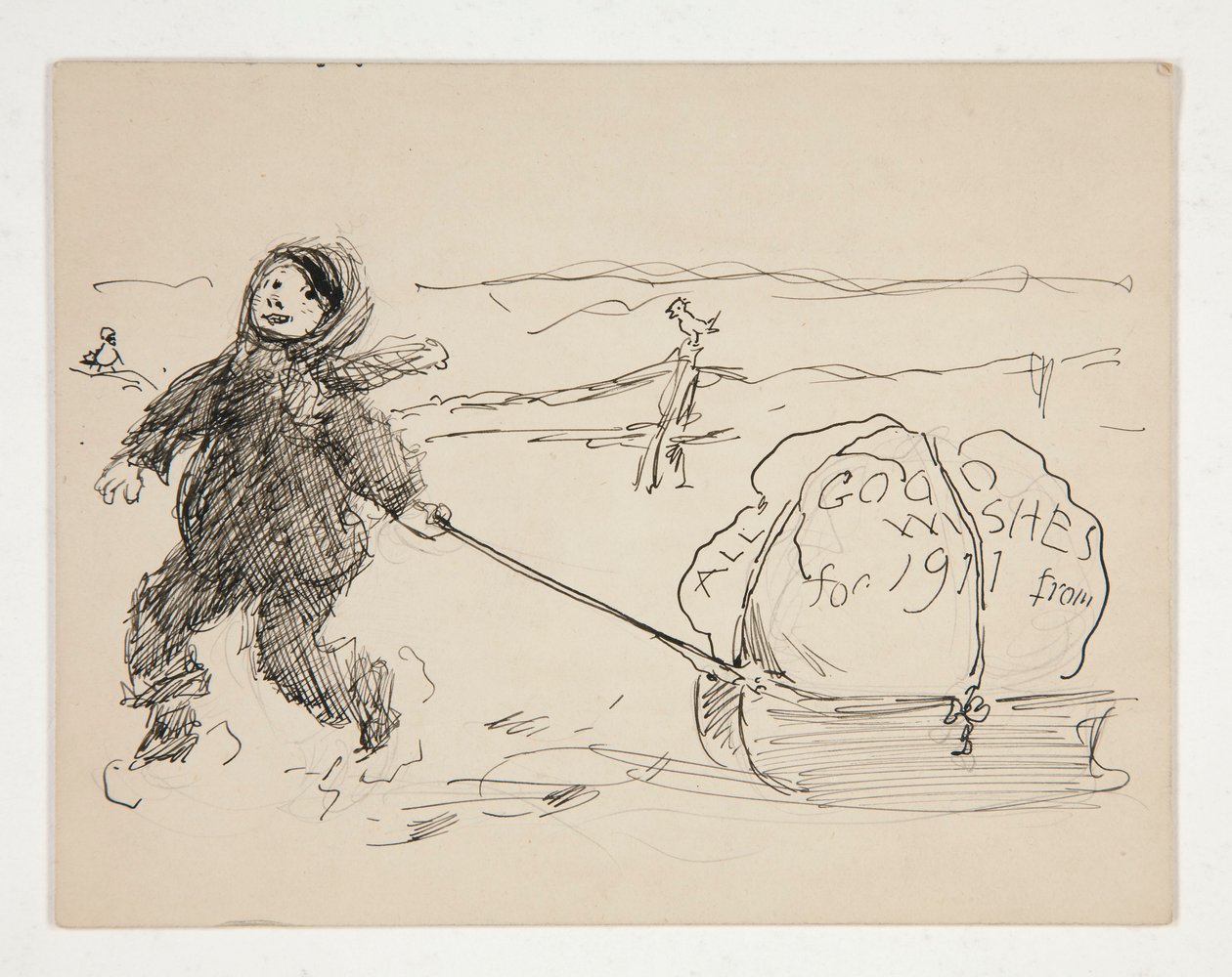 Schets voor een wenskaart: ALLE GOEDE WENSEN VOOR 1911 door Edwin Austin Abbey