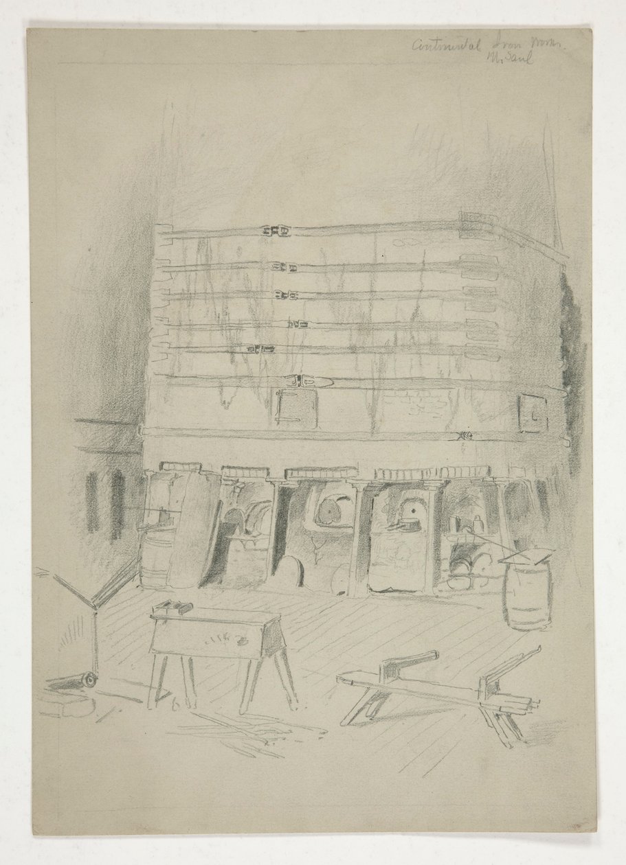 Schets van Continental Iron Works(?) [industriële binnenkant] door Edwin Austin Abbey
