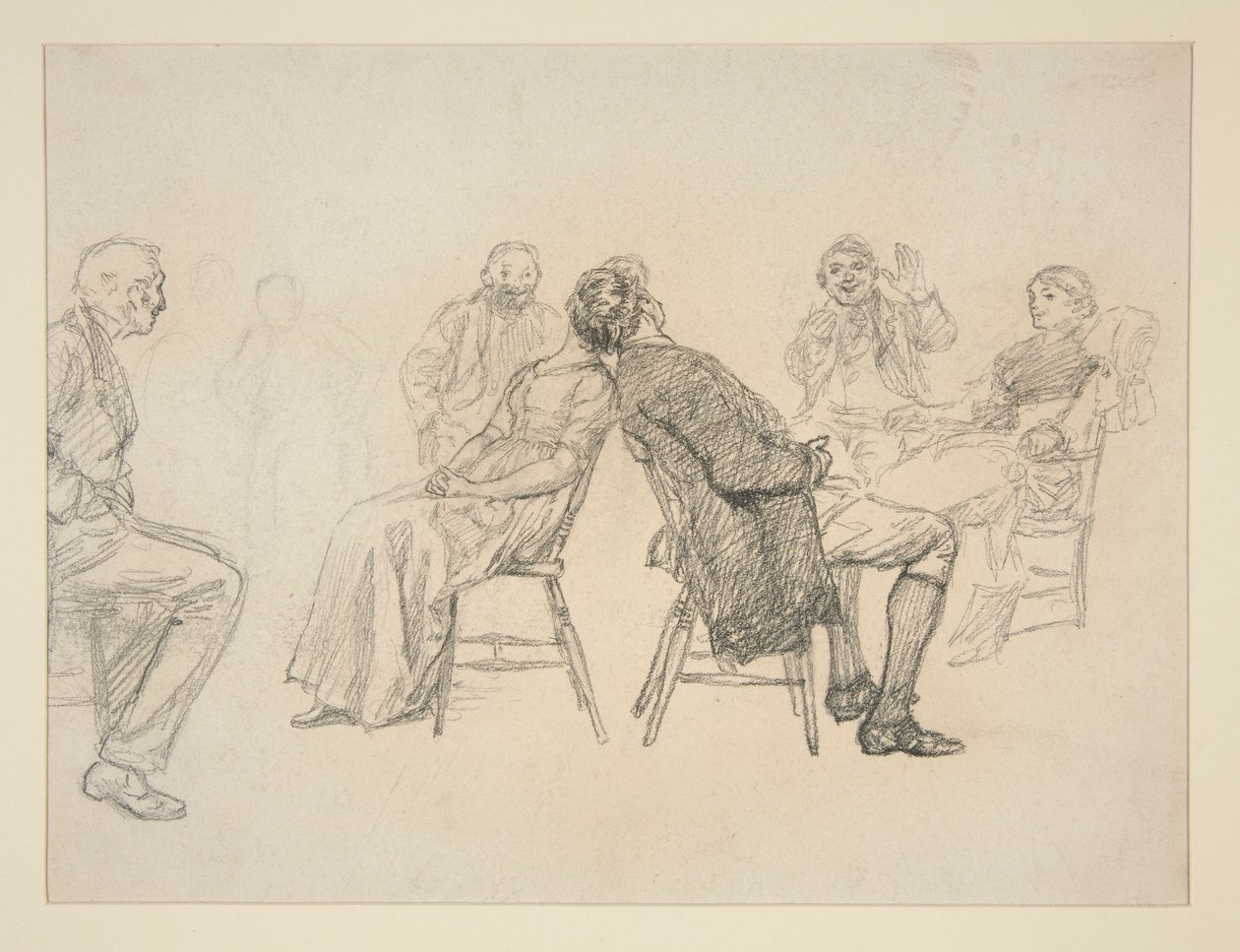 Schets van een stel dat een spel speelt, omringd door toeschouwers, in een interieur (?) - niet-geïdentificeerde illustratie door Edwin Austin Abbey