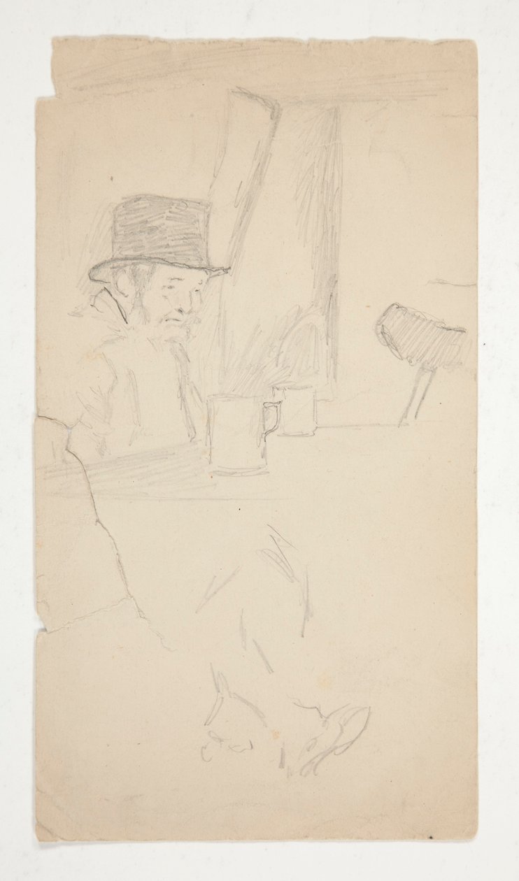 Schets van een kreupele man zittend aan tafel in een bar door Edwin Austin Abbey