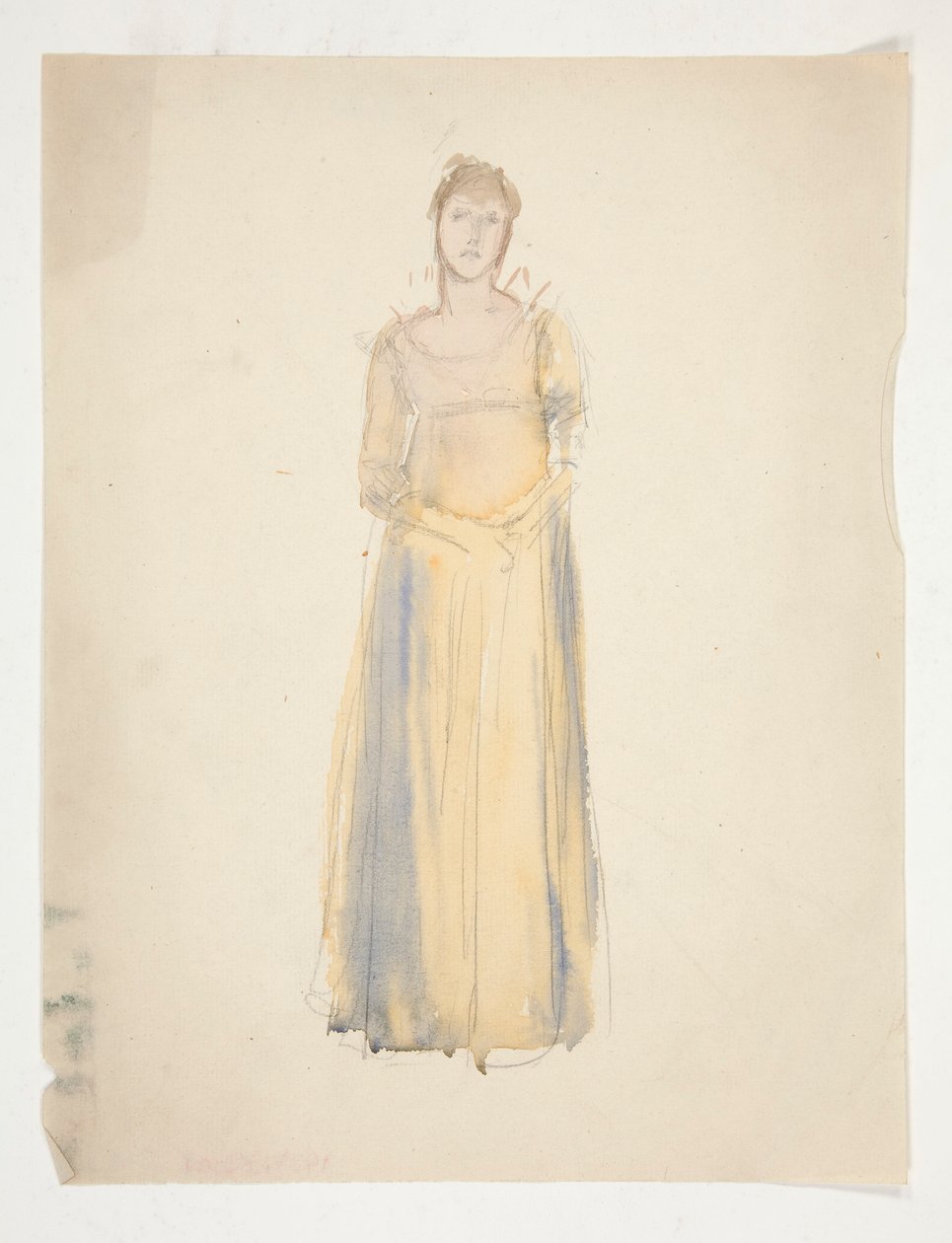 Schets van een vrouw (gekleed in geel) - kostuumstudie voor een toneelstuk? door Edwin Austin Abbey
