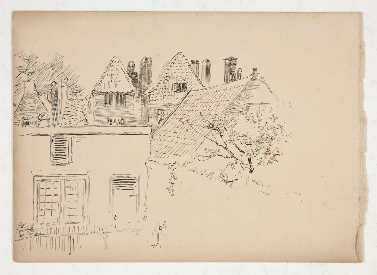 Schets van een exterieur: gebouwen en boom door Edwin Austin Abbey