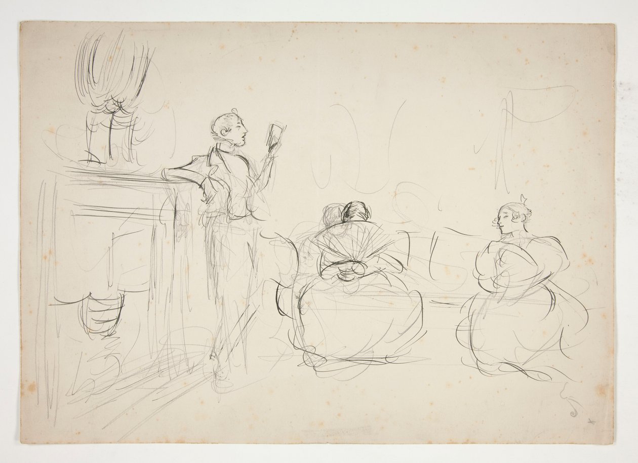 Schets van een interieur: man leest voor, vrouwen breien - niet-geïdentificeerde illustratie door Edwin Austin Abbey