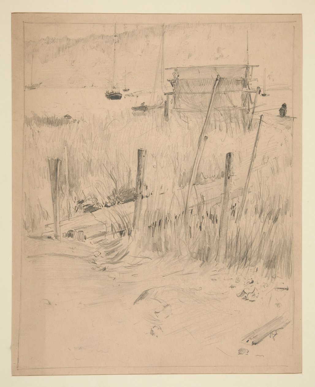 Schets van een oude dok, met onkruid eromheen door Edwin Austin Abbey