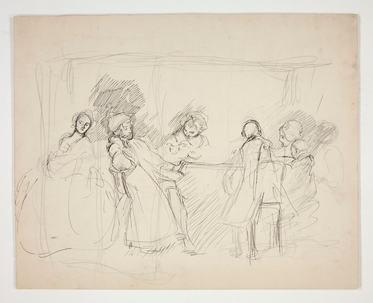 Schets van figuren rond een tafel - niet-geïdentificeerde illustratie voor een toneelstuk (?) door Edwin Austin Abbey