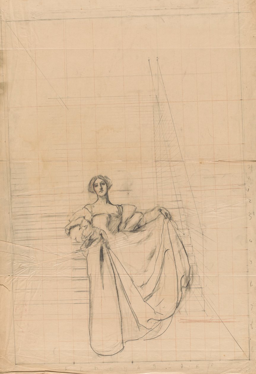 Studie voor Maat voor Maat: Vrouw in Renaissance kostuum door Edwin Austin Abbey