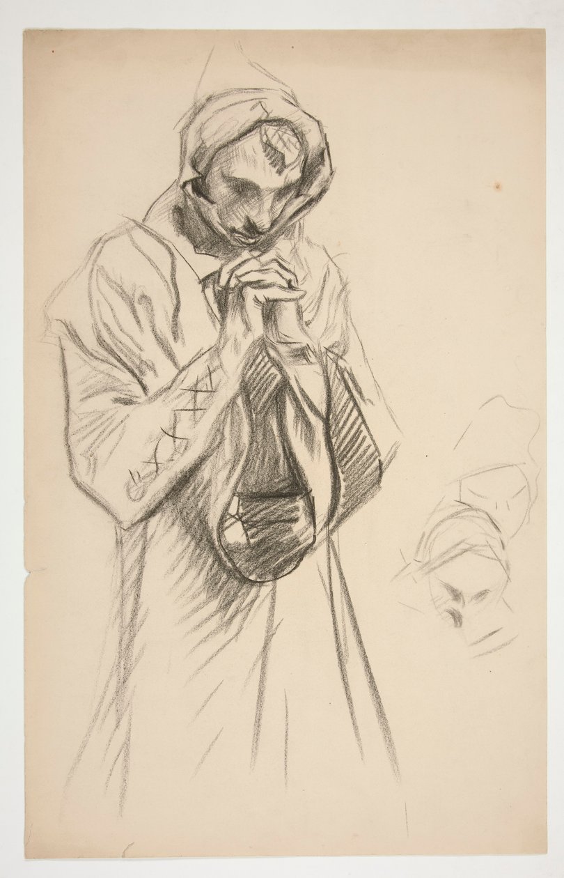 Studie van een geklede figuur, biddend, voor de muurschilderingserie De Zoektocht naar de Heilige Graal in de Boston Public Library door Edwin Austin Abbey