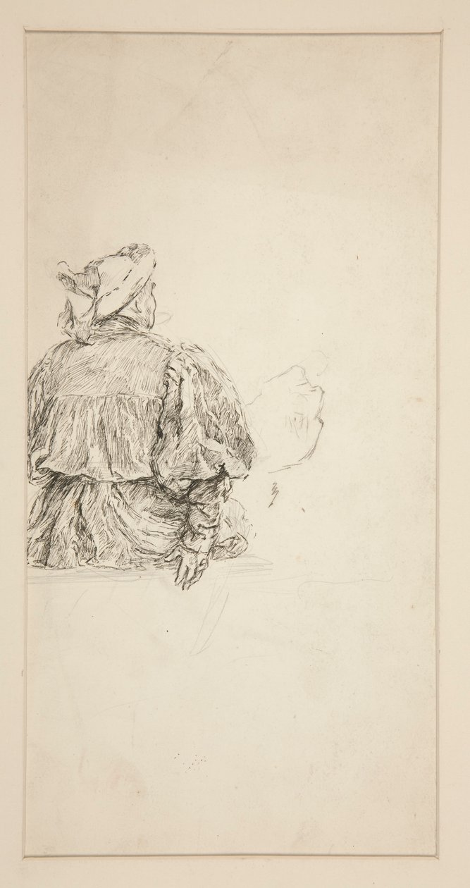 Studie van de rug van een zittende man in XV eeuws kostuum, voor een Shakespeare scène door Edwin Austin Abbey