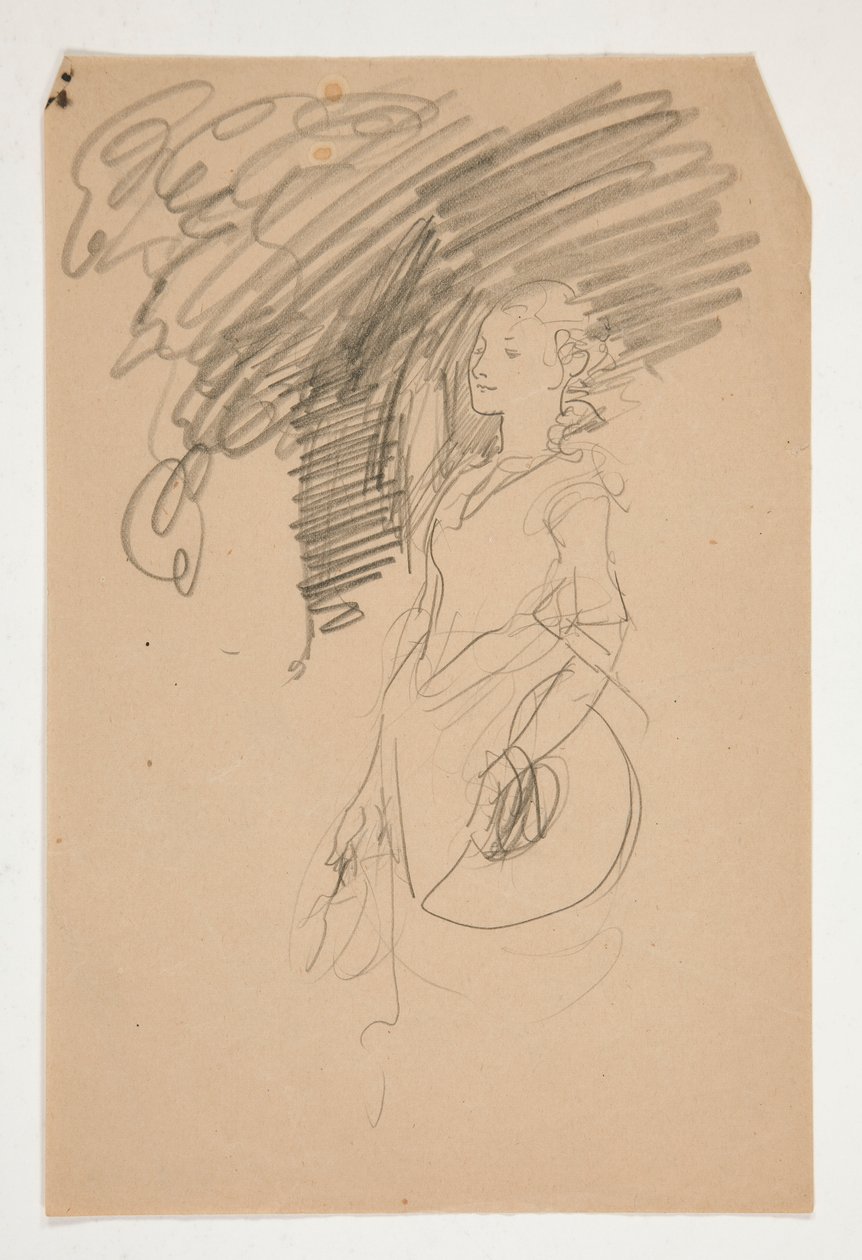 Studie van een vrouw in XVIII eeuws kostuum die haar hoed vasthoudt door Edwin Austin Abbey