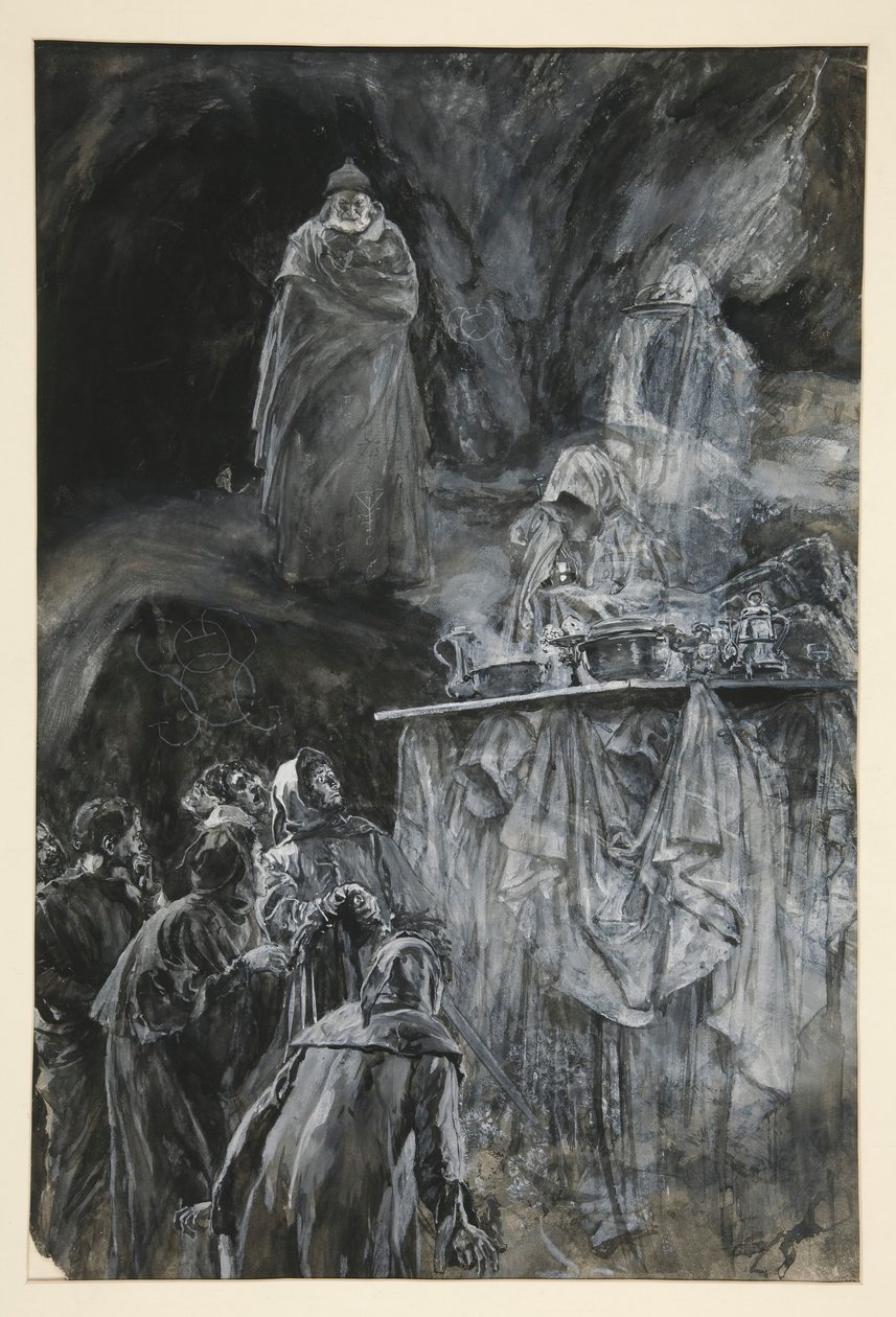 Het banket, illustratie voor Act III, Scene iii, De Storm door Edwin Austin Abbey