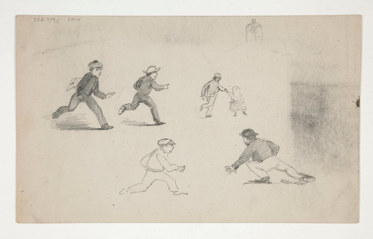 Drie studies (mannen met paarden, studie van hoofd) (recto); Zes studies van rennende figuren, studie van een klokkentoren (verso) door Edwin Austin Abbey