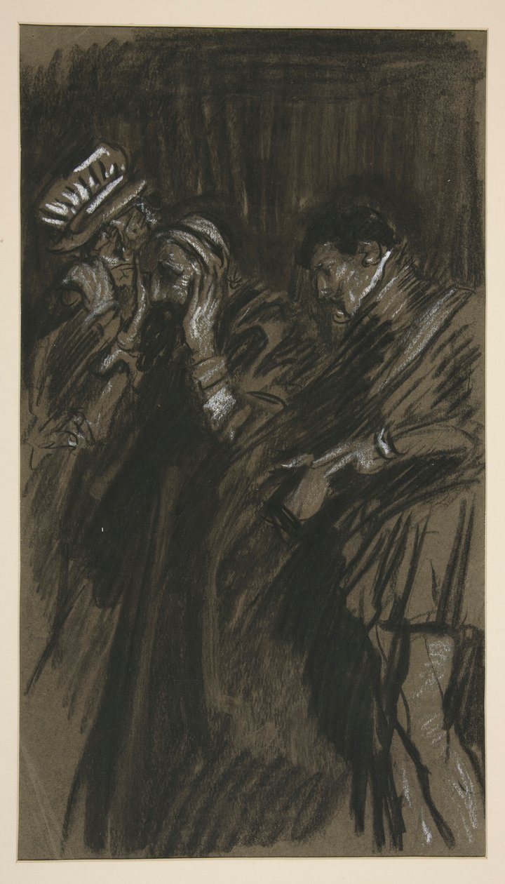 Drie mannen, studie voor Het Temmen van de Feeks (?) door Edwin Austin Abbey