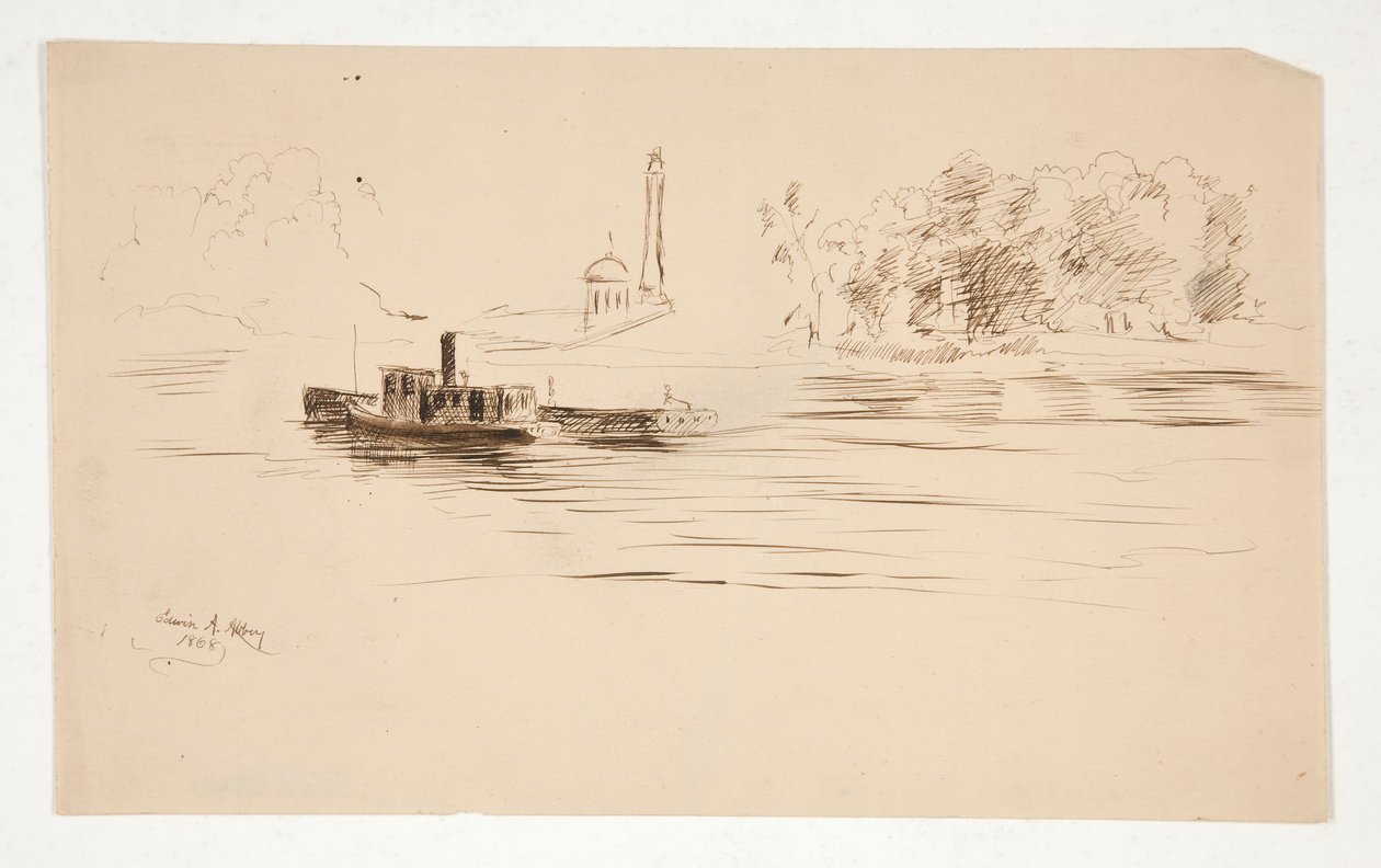 Sleepboot die een Schuit op de Rivier Duwt door Edwin Austin Abbey