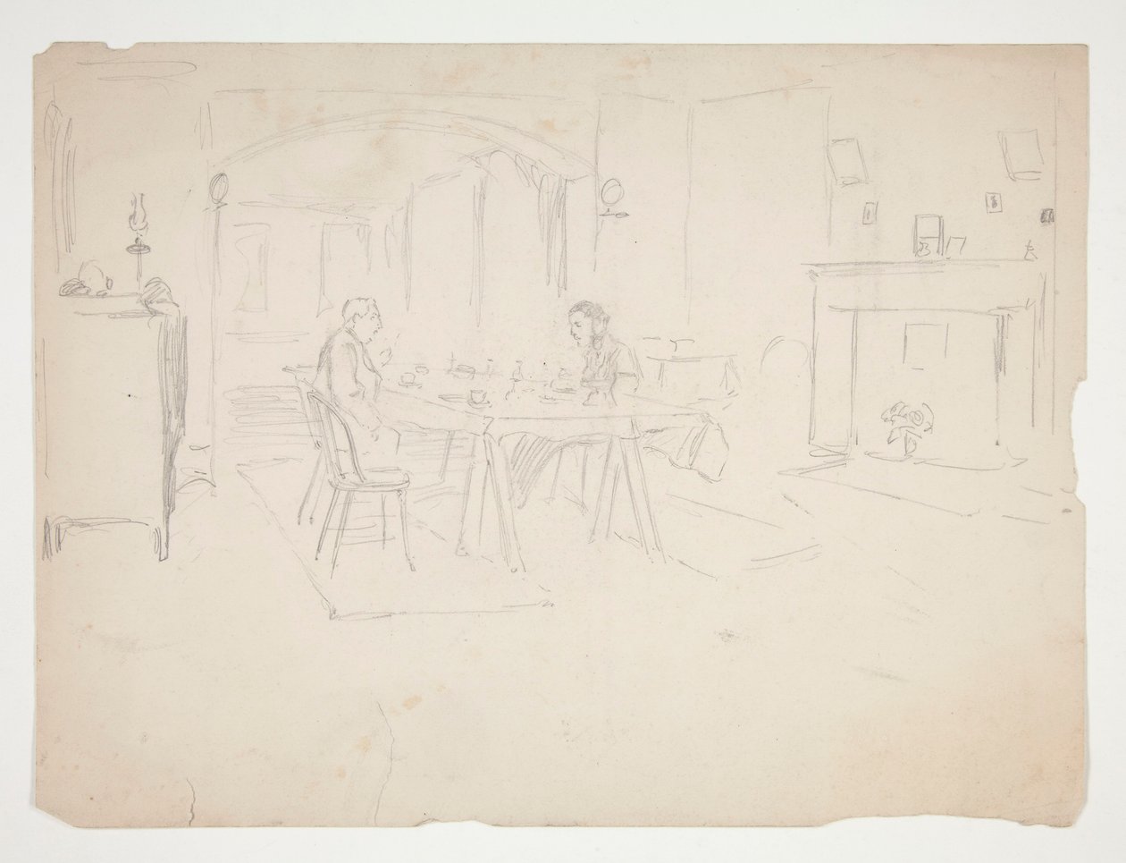 Twee mannen aan tafel in een interieur door Edwin Austin Abbey
