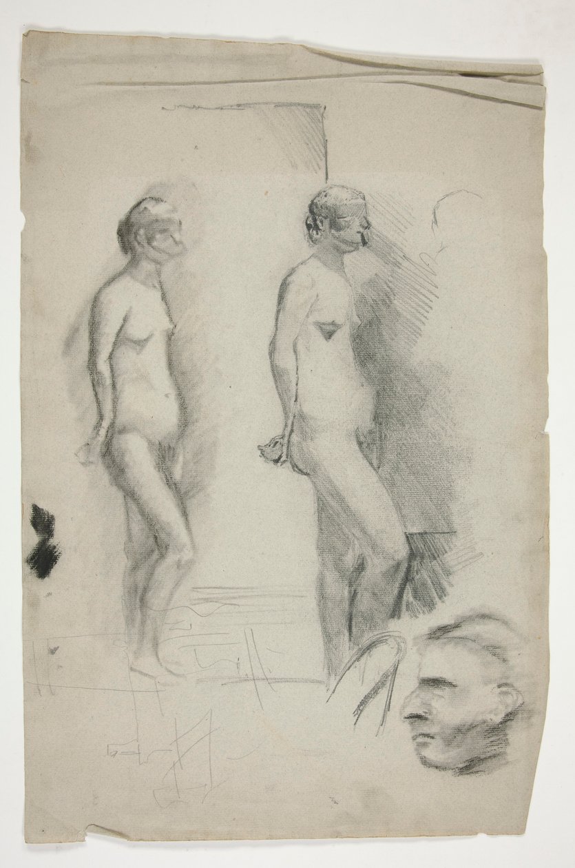 Twee schetsen van een naaktmodel en een man door Edwin Austin Abbey