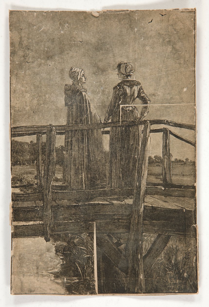 Houtsnede zonder titel door E.A. Abbey (?) van twee dames op een houten voetbrug - illustratie voor William Black door Edwin Austin Abbey