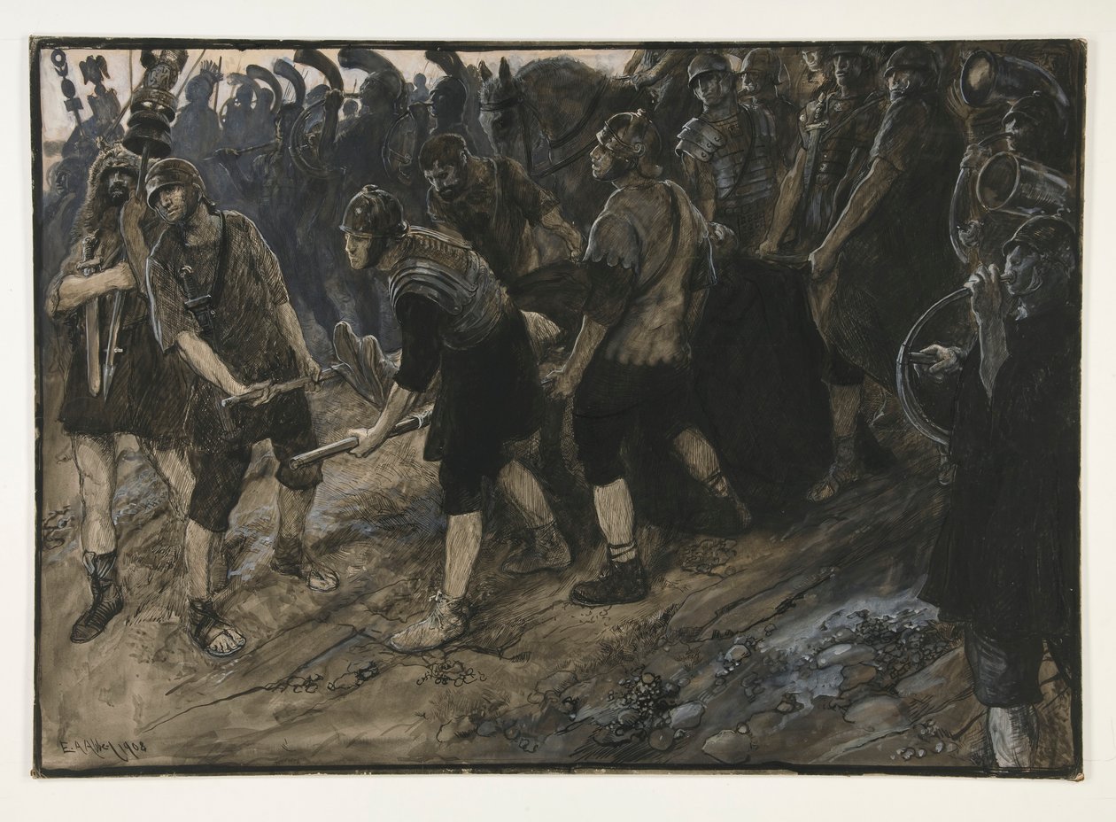 Ventidius komt triomfantelijk binnen, het dode lichaam van Pacorus voor hem gedragen, Act III, scène i, Antony en Cleopatra door Edwin Austin Abbey
