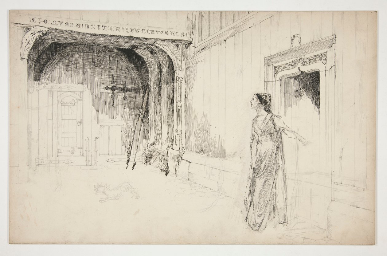 Vrouw en hond in een interieur door Edwin Austin Abbey