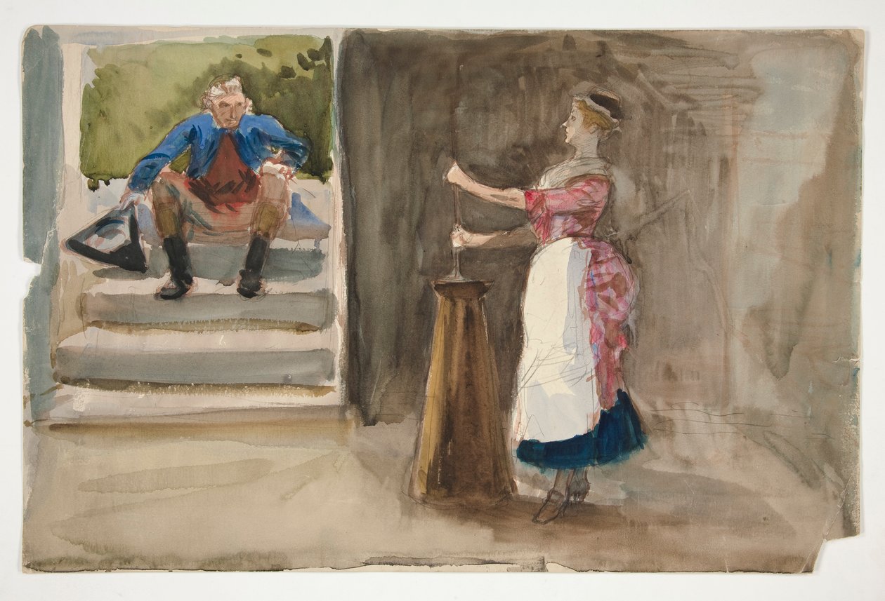 Vrouw die boter karnen, man in revolutionaire kleding kijkt toe - (onbekende illustratie) door Edwin Austin Abbey