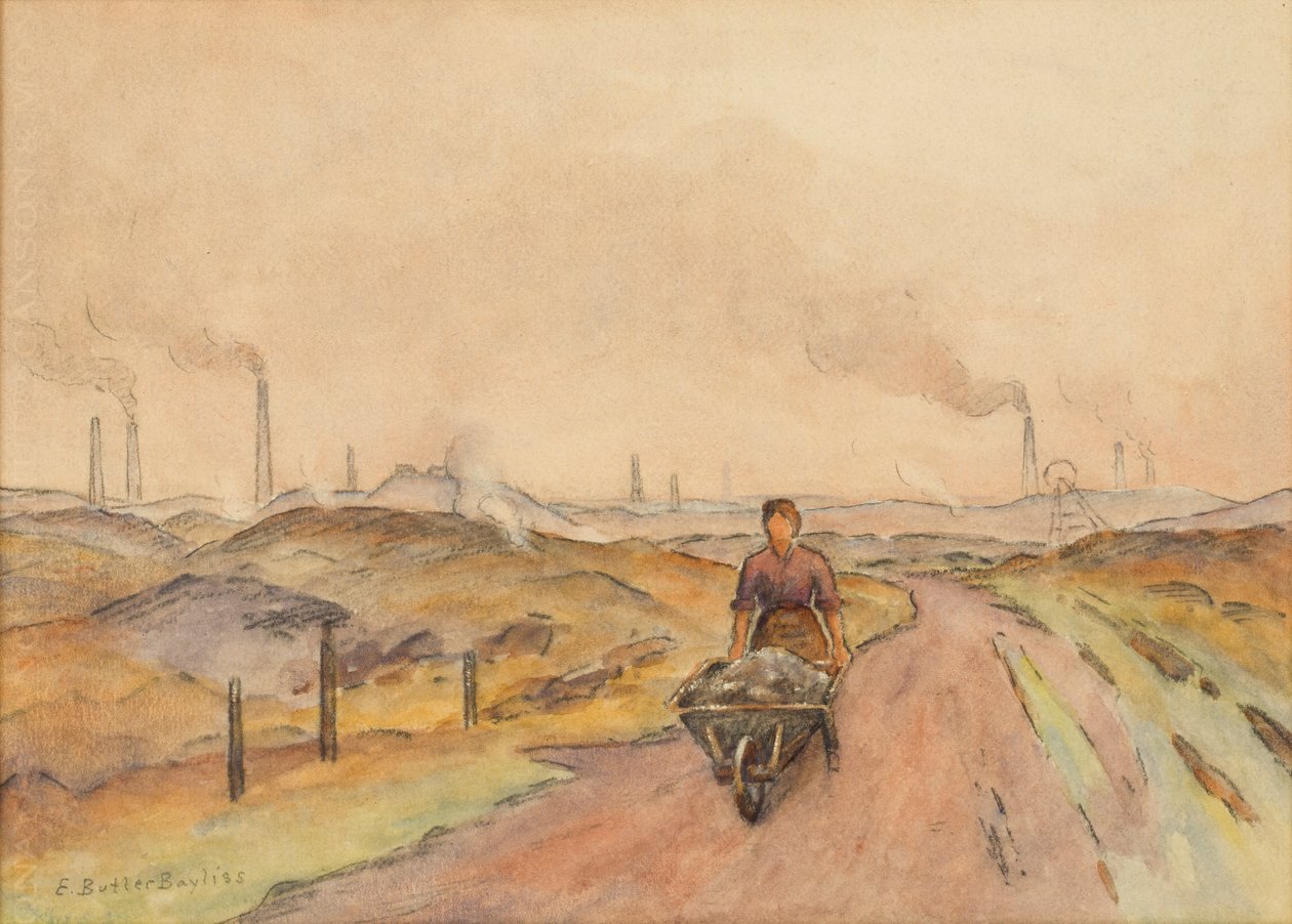 Industriële scène, man met kruiwagen door Edwin Butler Bayliss