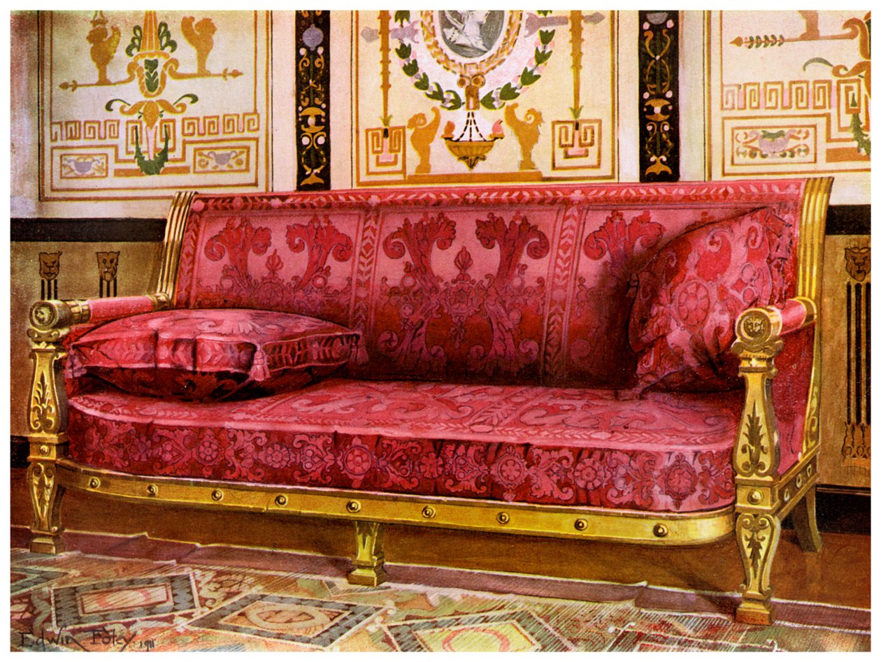 Gesneden vergulde bank bedekt met rozen Brocade de Lyon, 1911-1912 door Edwin Foley