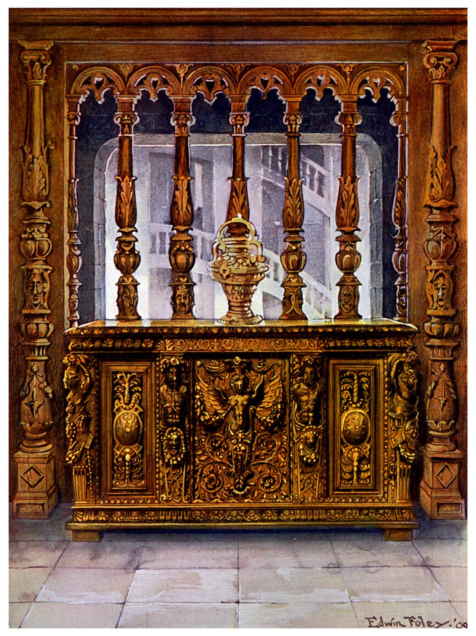 Henry II gesneden koffer of bahut en eiken scherm van dezelfde Franse periode, 1910 door Edwin Foley