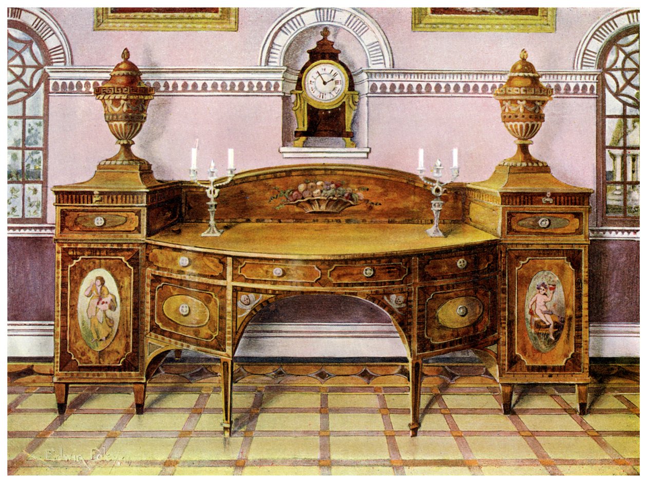 Geschilderd en ingelegd satijnenhouten dressoir en mahoniehouten wandklok, 1911-1912 door Edwin Foley