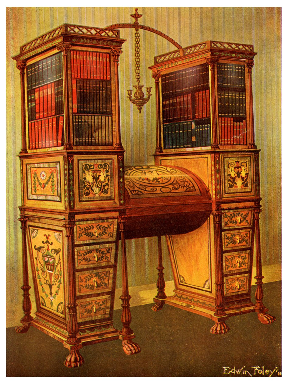 De zuster ingelegde dubbele secretaire en boekenkast kabinet, Sheraton, 1911-1912 door Edwin Foley
