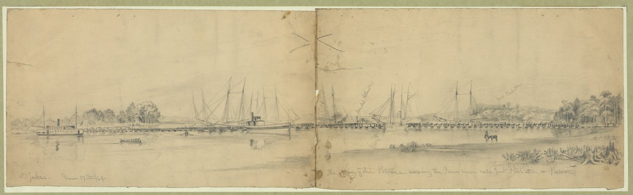 Het leger van de Potomac steekt de James rivier over nabij Fort Powhattan op pontons door Edwin Forbes