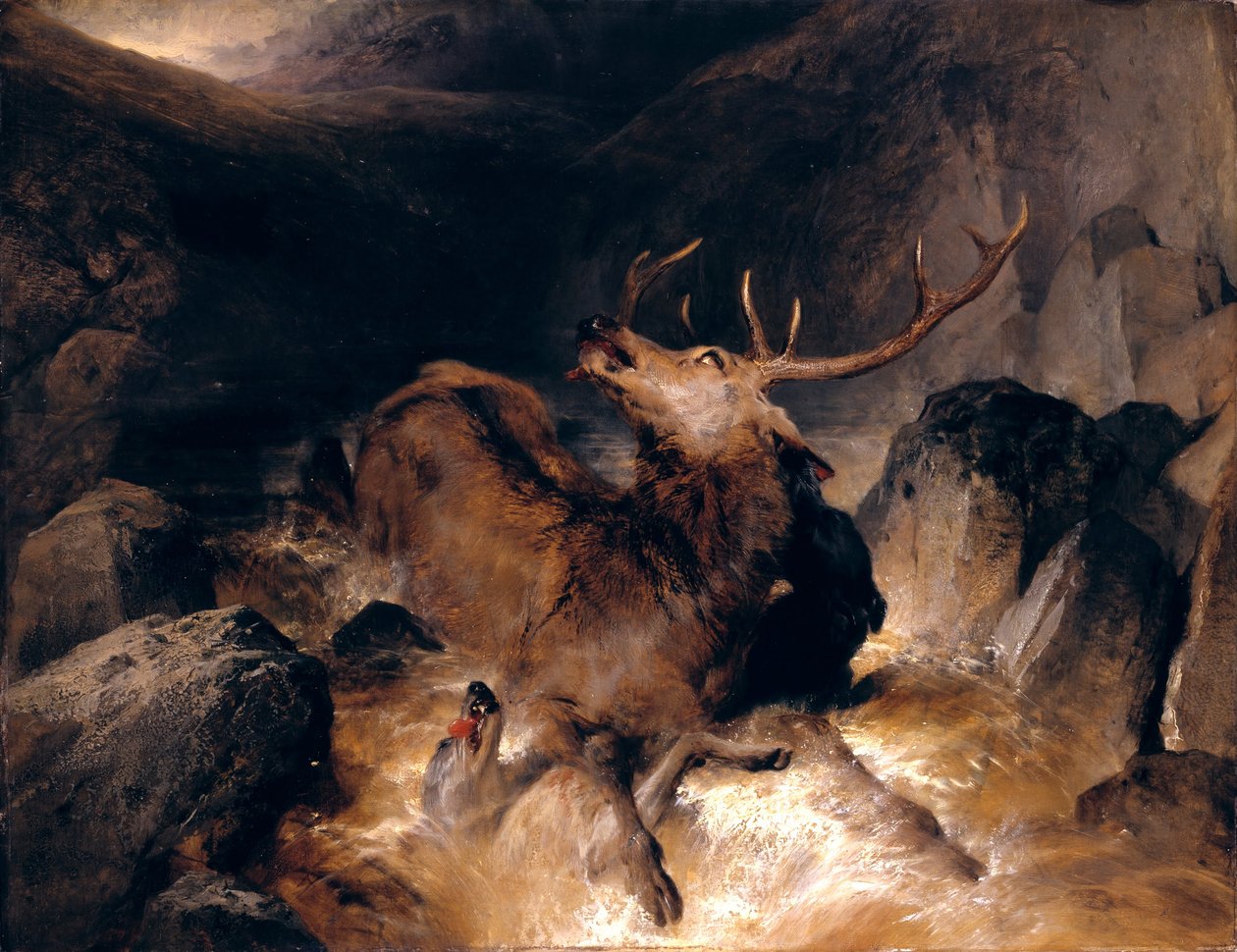 Herten en Schotse hertenhonden in een bergbeek door Edwin Landseer
