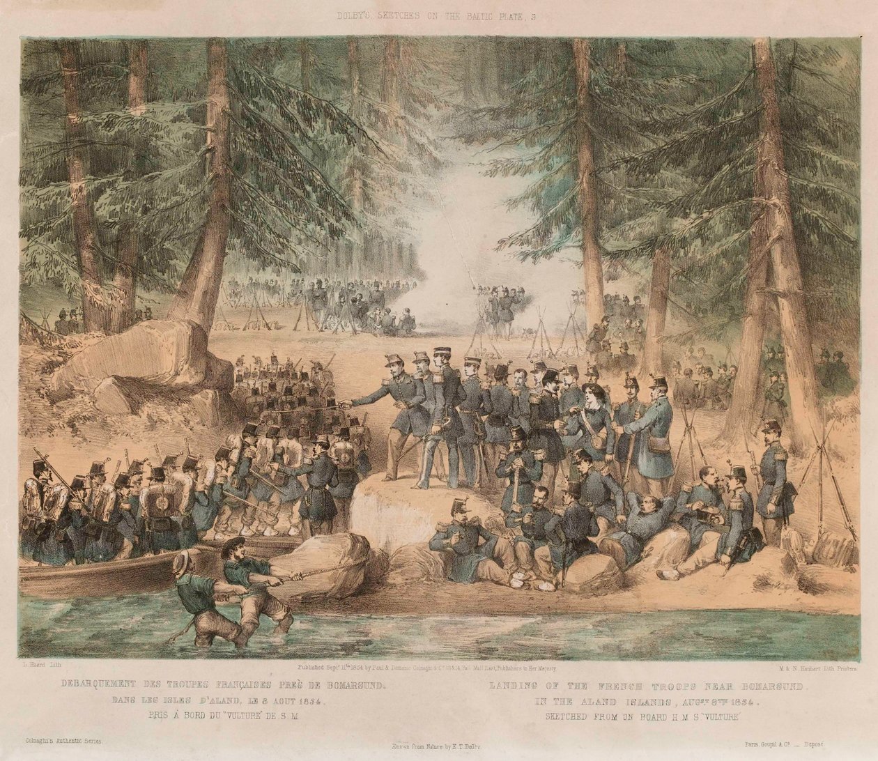 Landing van de Franse troepen bij Bomarsund op de Åland-eilanden, 8 augustus 1854 door Edwin Thomas (after) Dolby