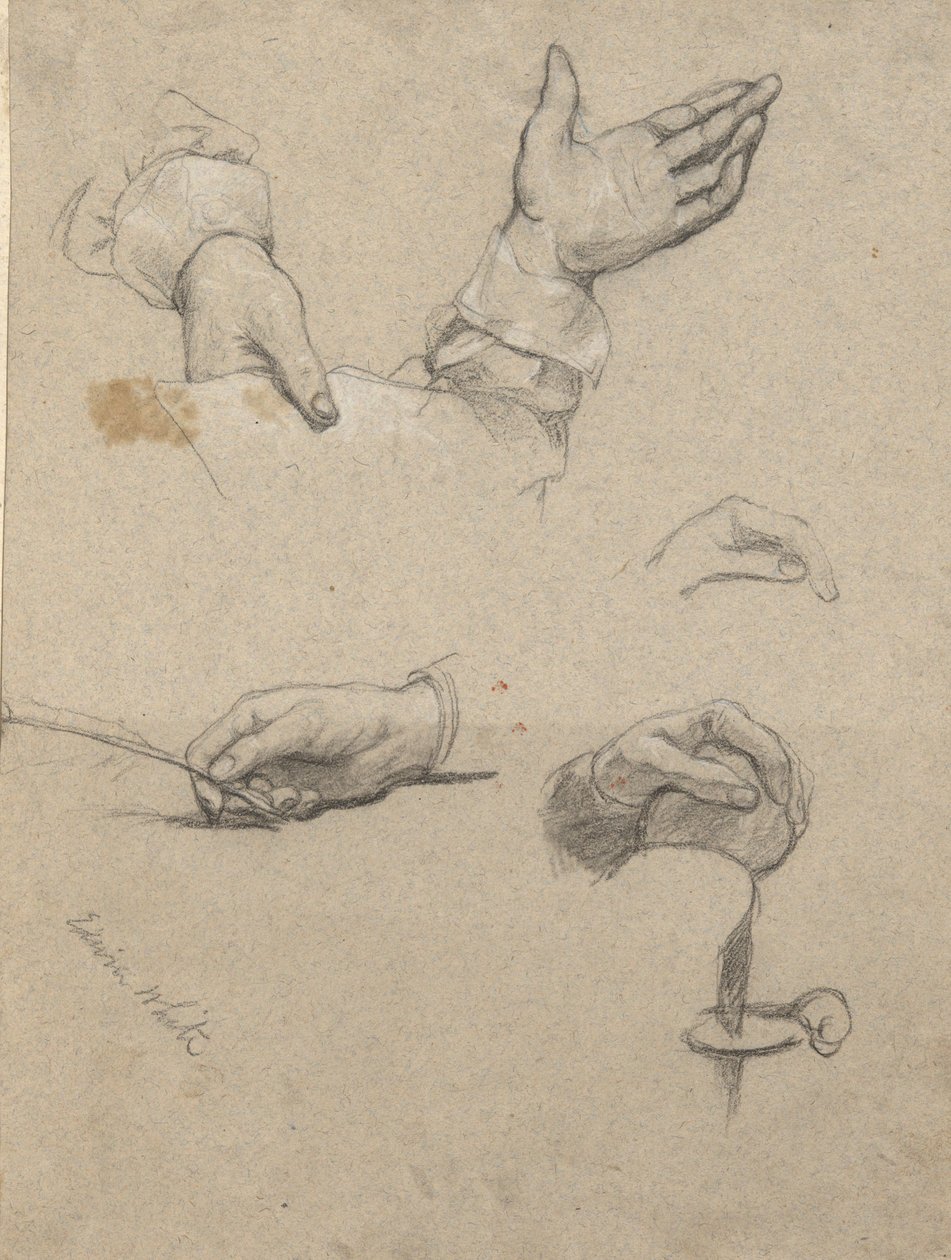 Studie van handen, schets voor Ondertekening van het Compact in de hut van de Mayflower door Edwin White