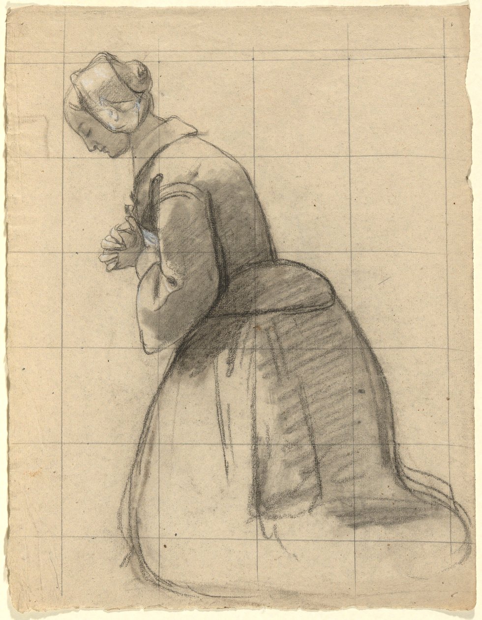 Biddende vrouw, schets voor Ondertekening van het contract in de hut van de Mayflower door Edwin White