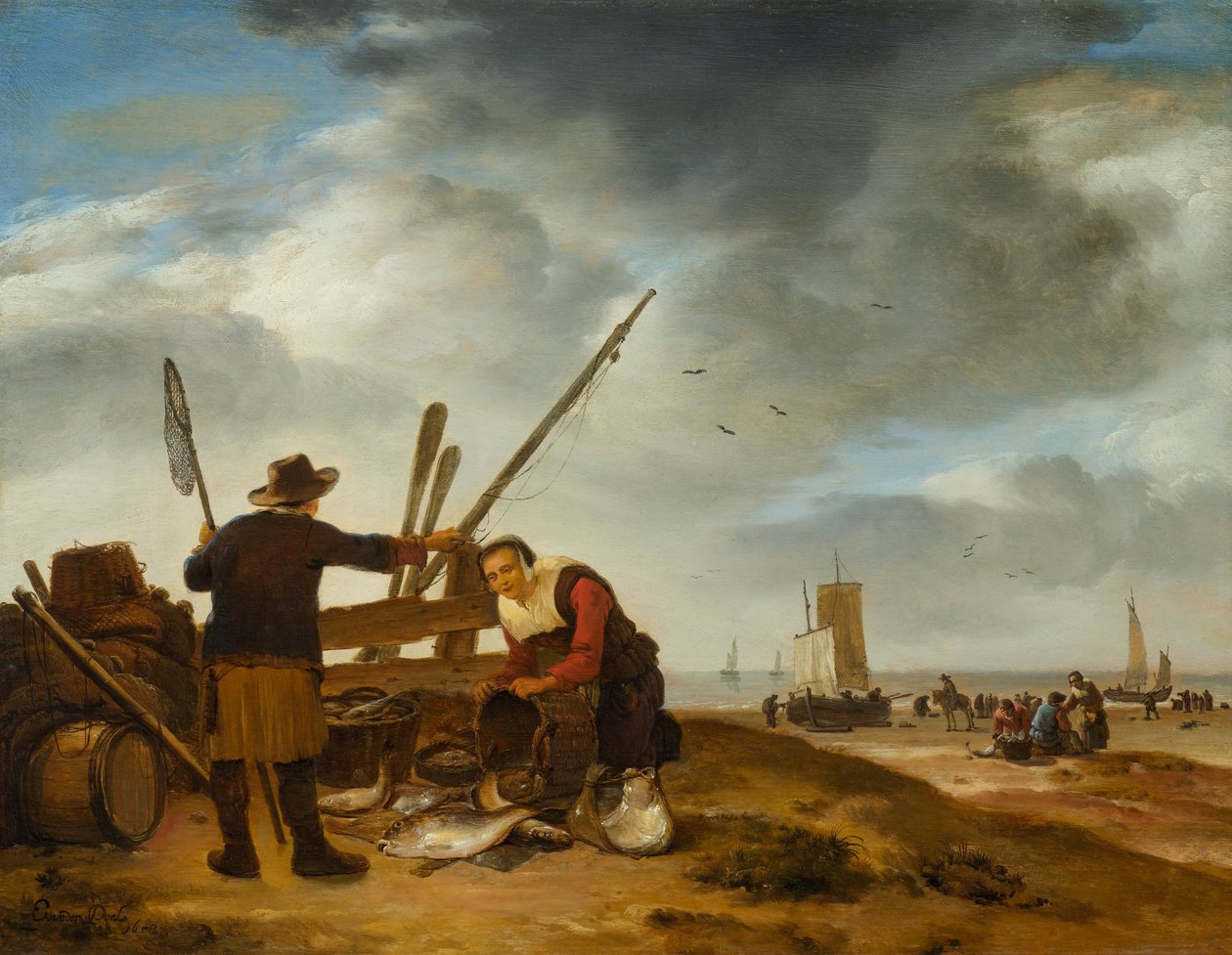 Visverkoopster op het strand van Scheveningen door Egbert van der Poel