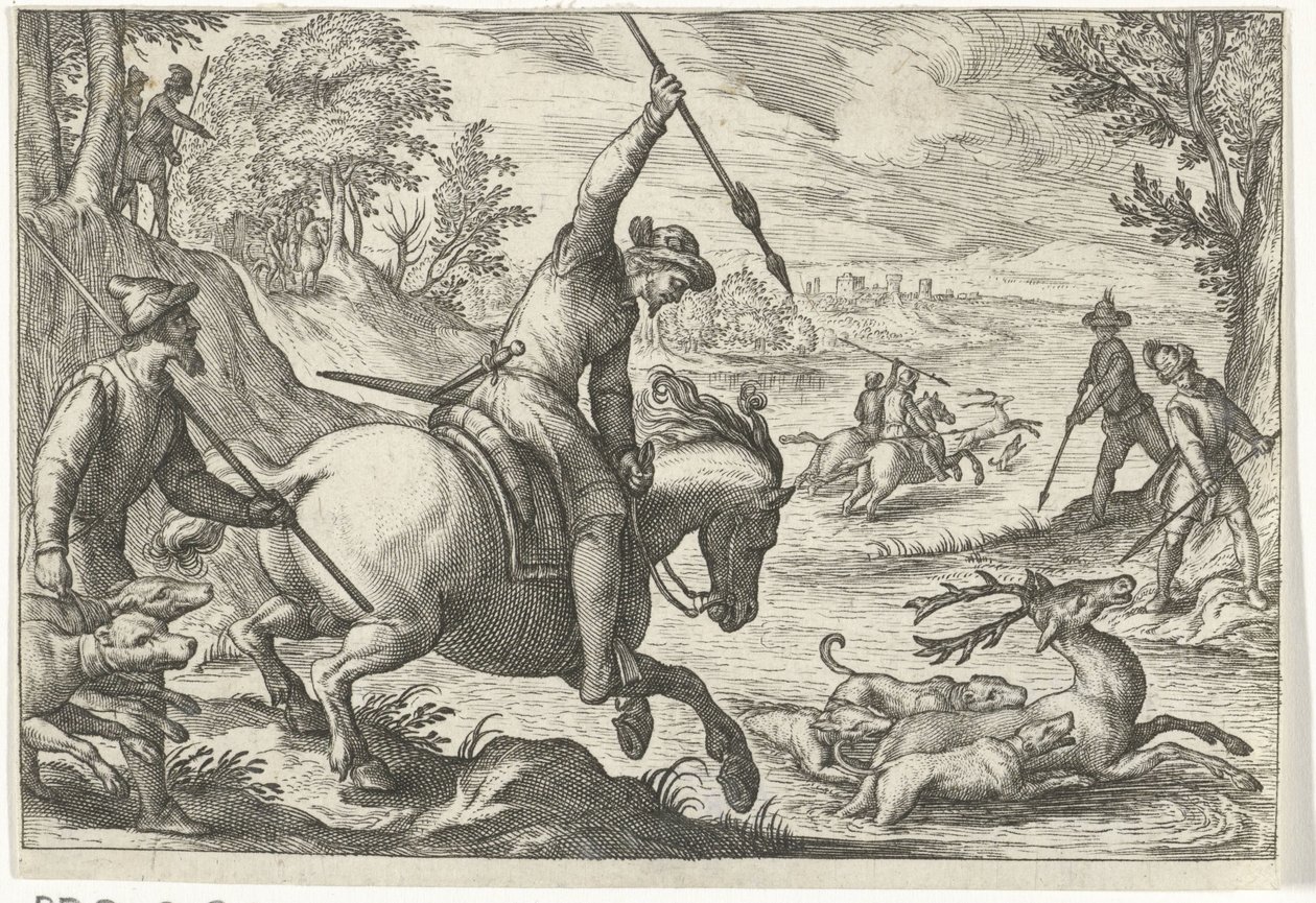 Landschap met hertenjacht door Egbert Jansz.