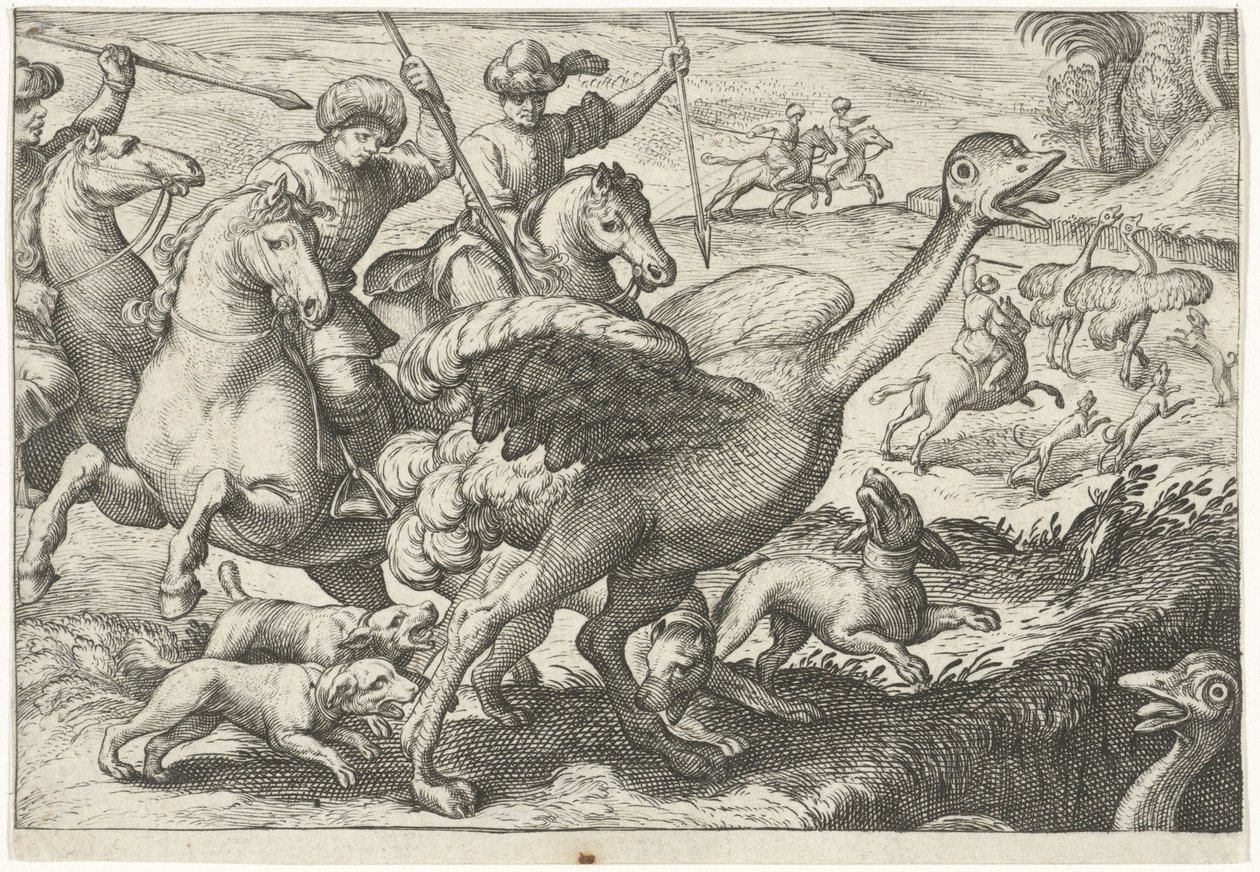 Landschap met struisvogeljacht door Egbert Jansz.