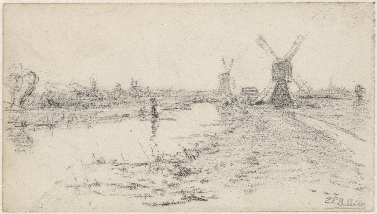 Landschap met rivier en twee molens door Egbert Rubertus Derk Schaap