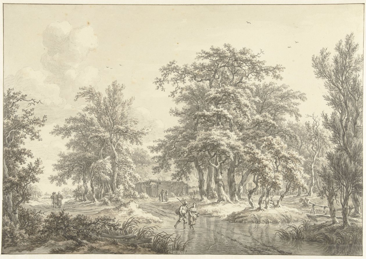 Boomrijk landschap met enkele groepjes figuren door Egbert van Drielst