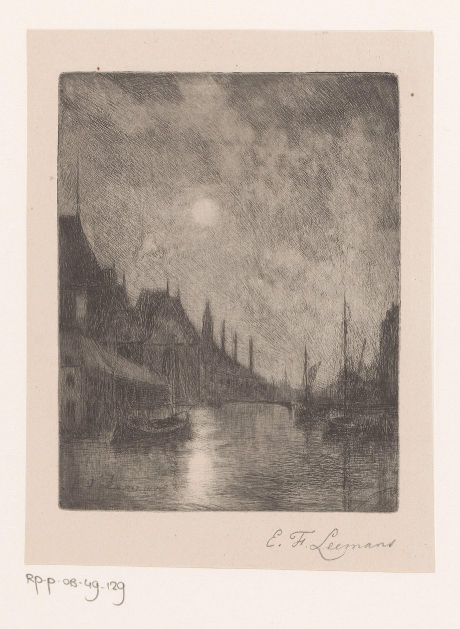 Riviergezicht in een stad bij nacht door Egide François Leemans (signed by artist)