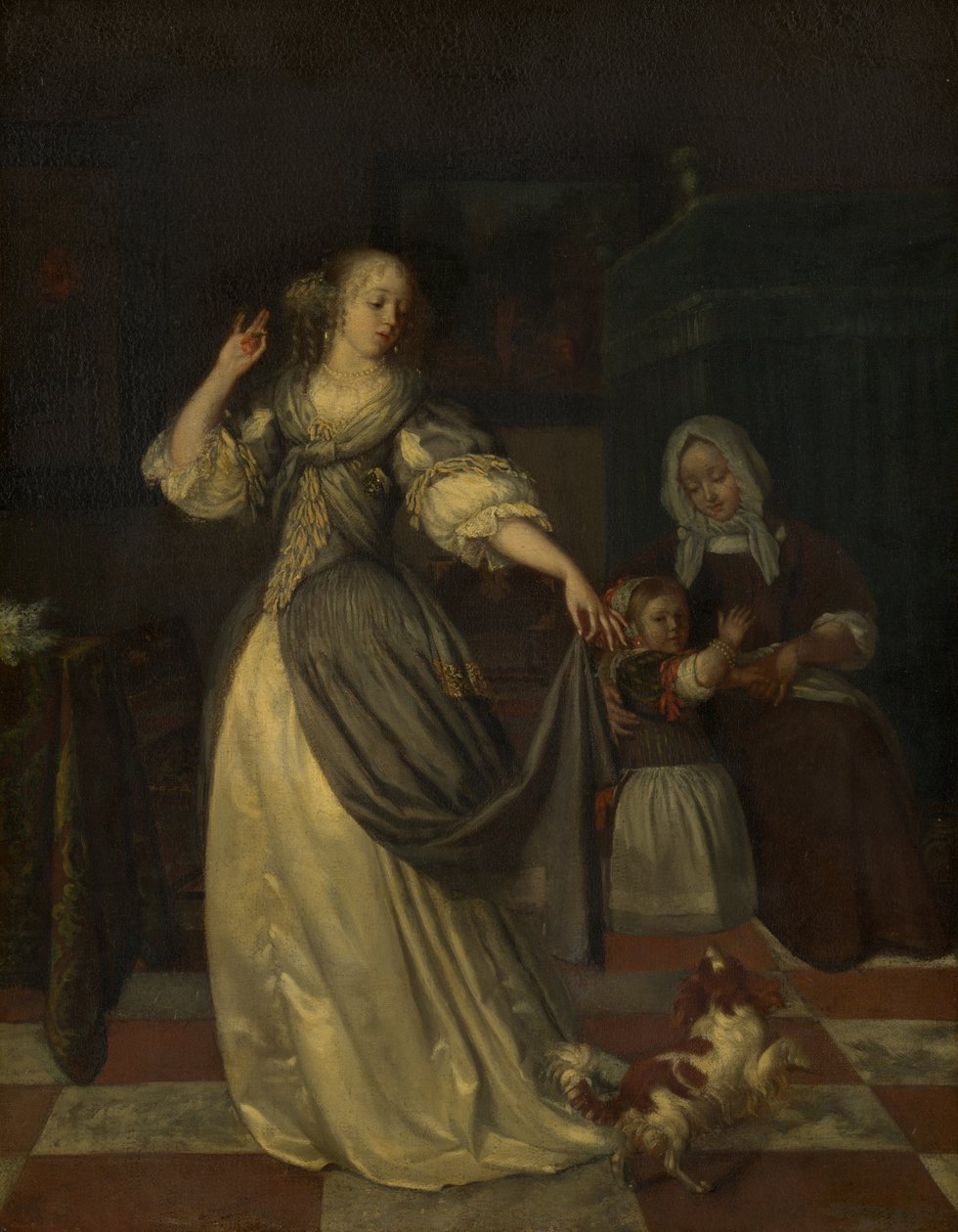 Dame met hond aan het spelen door Eglon van der Neer
