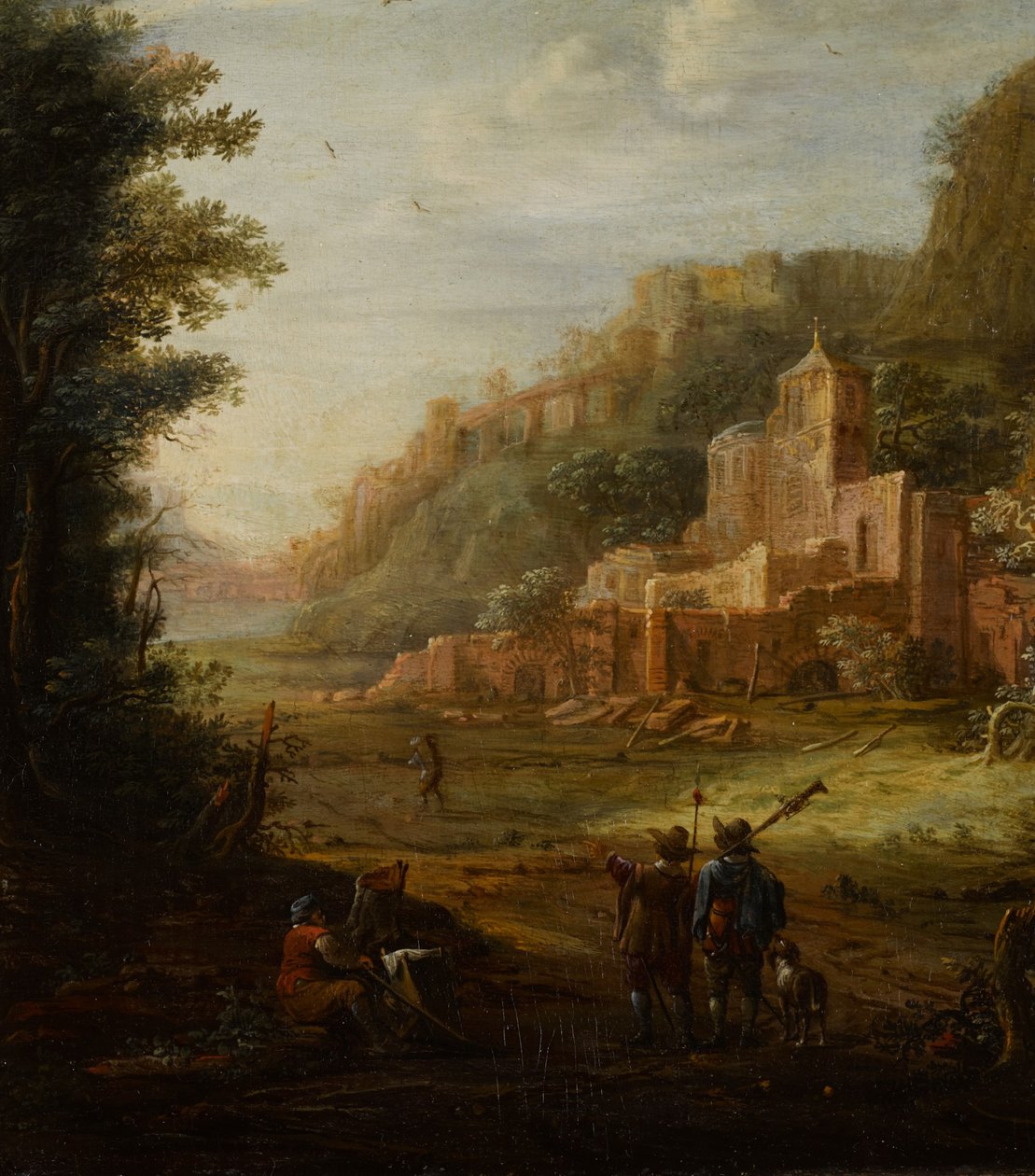 Boslandschap met twee jagers bij de ingang van een vallei door Eglon van der Neer