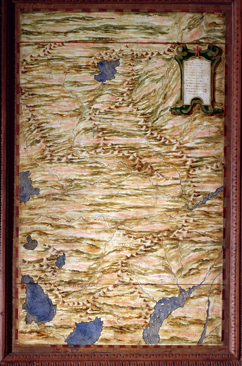 Kaart van Peru gemaakt door Egnazio Danti, wiskundige, kosmograaf en Italiaanse architect. Rond 1567. Florence, Palazzo Vecchio, Sala del Mappamondo door Egnazio Danti
