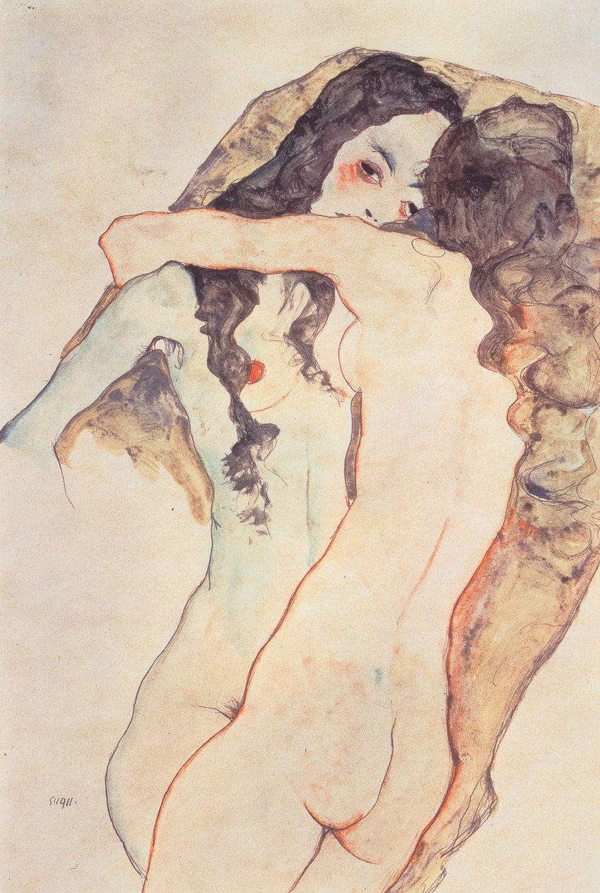 Twee omarmende vrouwen door Egon Schiele