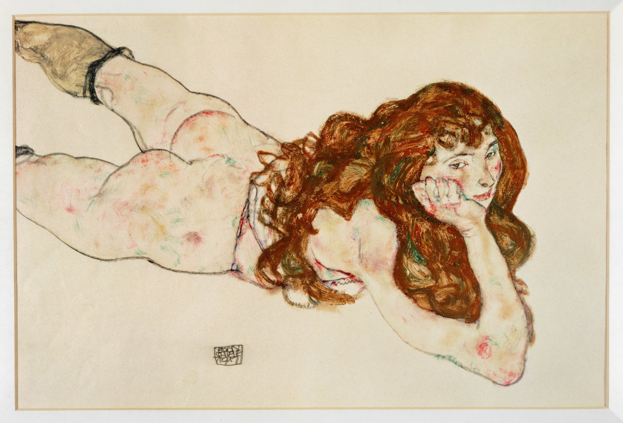 Vrouwelijk naakt liggend op haar buik - Naakt op haar ... (gouache en zwart krijt) door Egon Schiele