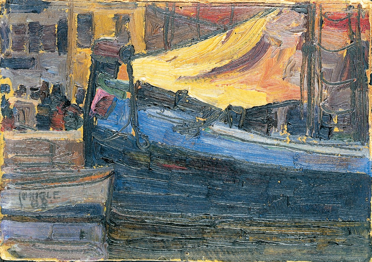 Gekote Boten met een Huiswand op de Achtergrond, 1908 door Egon Schiele