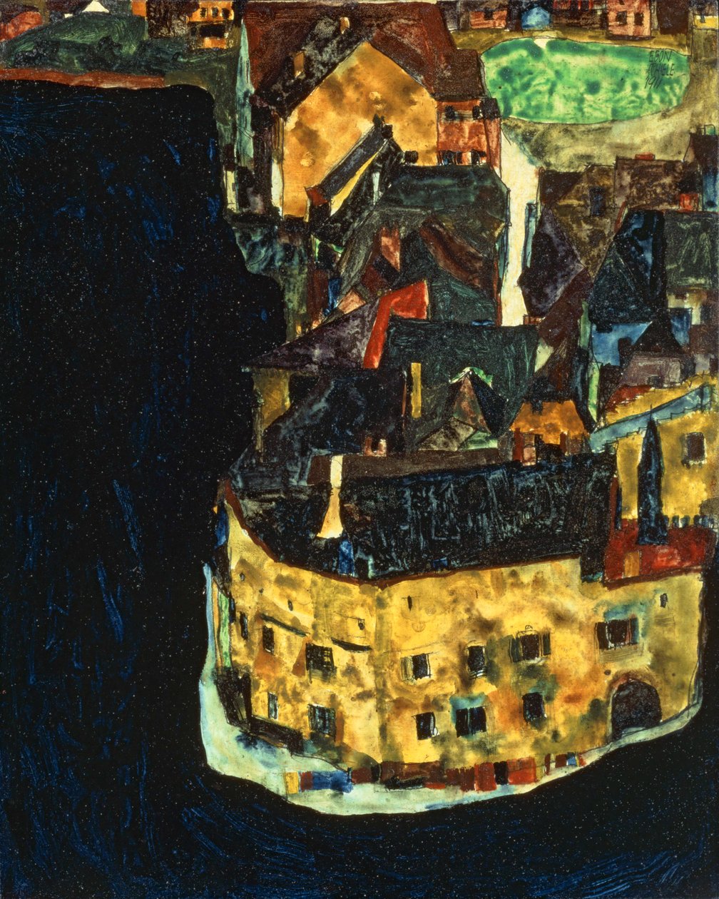 Stad aan de Blauwe Rivier II ... (olieverf en gouache op hout) door Egon Schiele