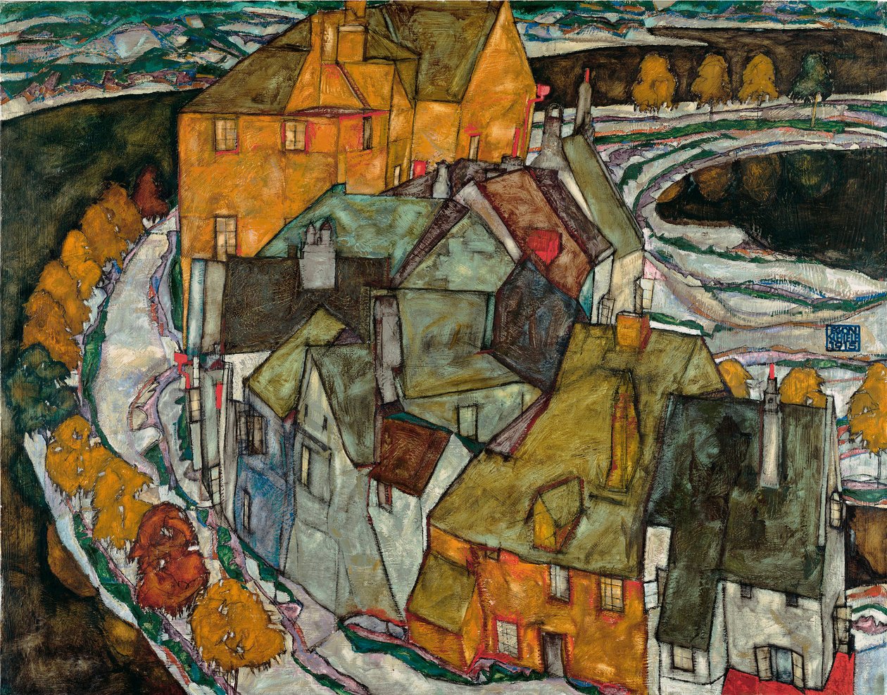 Crescent van huizen II (Eilandstad) door Egon Schiele