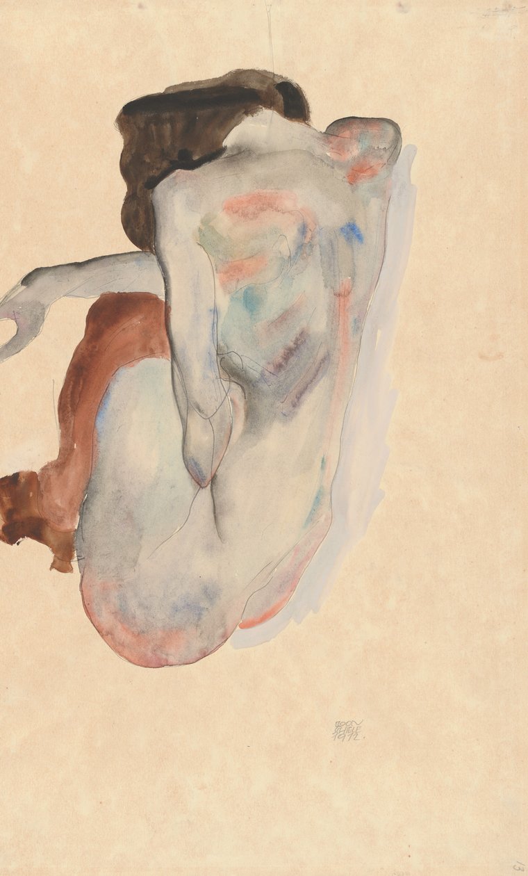 Gehurkte Naakte Vrouw met Schoenen en Zwarte Kousen, Achteraanzicht door Egon Schiele