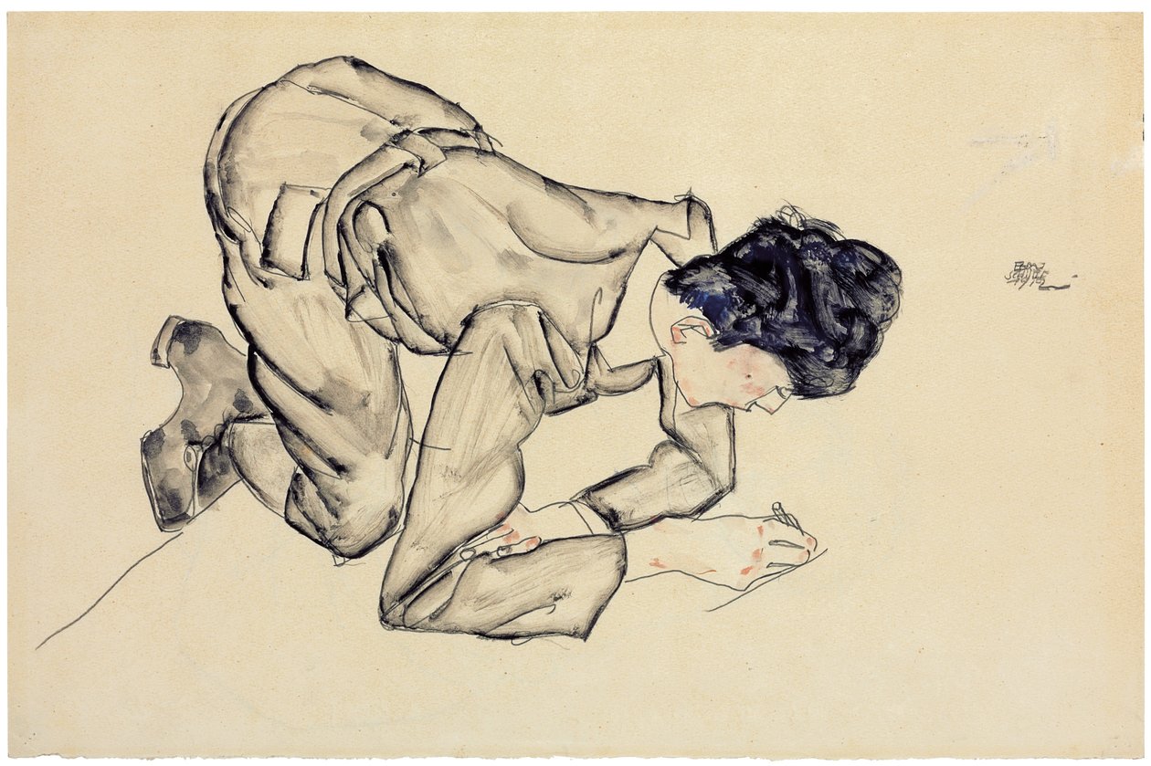 Erich Lederer tekenend op de vloer, 1912 door Egon Schiele