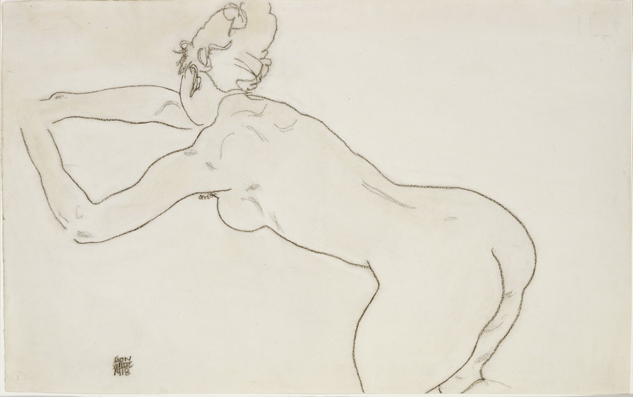 Vrouwelijk naakt knielend en voorover buigend naar links, 1918 door Egon Schiele